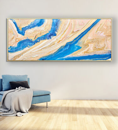 ABSTRACT painting that gives the impression of a coastline viewed from above with ocean passages cutting through the earhty toneal landscape.  The intricate mosaic pattern within the tonal blue hues and the glimmering metallics adds added interest and intrigue.
The closer you get to the painting the more of the interesting details and patterns you can see. Metallics add an extra depth because the painting changes personality when one views from different angles..