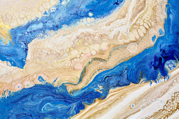 ABSTRACT painting that gives the impression of a coastline viewed from above with ocean passages cutting through the earhty toneal landscape.  The intricate mosaic pattern within the tonal blue hues and the glimmering metallics adds added interest and intrigue.
The closer you get to the painting the more of the interesting details and patterns you can see. Metallics add an extra depth because the painting changes personality when one views from different angles..