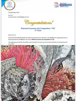 {Award Update} *This artwork - A LifeTime Grit - had won two prizes. *
List of Awards-
1. Oct 2022 - A LifeTime Grit (2021) is being awarded the 3rd Prize for the National Mental Health Month Art Competition 2022. Awards is presented on Oct 1st 2022 at Parliament House ,Melbourne.
2. July 2022 – A LifeTime Grit (2021) has received an award as the Highly Commended artwork in The Victorian Artists Society WINTER SELECT EXHIBITION.


{Press Update}
*This particular Artwork – A Life Time Grit (2021) is featured in Maroondah City Council's news –Interview with the Artist: Hsin Lin - Bloom Like Flowers. Published by Amy Freund, Editorial and Publications Officer.
Publish date -24th Feb 2022 , Melbourne, Victoria. *


Overall Size – Standard A1 large print – 59.4 x 84.1 x 0.1 cm ( White border included)

Also in a standard A1 size, should be able to fit in any A1 size frame you have easily.
LIMITED EDITION Giclée print on 310gsm textured paper. Unframed . All prints are individually signed , numbered, and comes with a certificate of authenticity.
Original painting info : 
<br>
A Lifetime Grit- Eucalyptus Macrocarpa
29/10/2021
Artist Acrylic on Acid-free stretched gallery wrapped canvas. Signed at the front and ready to hang.
The artwork painted extends to all Side panels.
D rings and wire are attached at the back.
Comes with a certificate of authenticity.
Sealed with clear varnish.
76.2cm (W) x 91.4cm (H) x 3.5cm (D)
By HSIN LIN


Affirmation: The reality is now, let’s play to win.


This artwork was inspired by my visit to Royal Botanic Garden in Cranbourne. I was drawn immediately to this particular Eucalyptus macrocarpa tree in full bloom in the flowering season. I love the details on those large ovate grey leaves and the earthy tone on the plant.
The rough surface on the gum nuts and the smooth silky texture on the flowers, display of greatest strength of life.


I present you the latest piece from my award-winning/signature series -Bloom like flowers.
Eucalyptus Macrocarpa (Mottlecah), a sprawling mallee endemic to Western Australia. Eucalyptus flowers also have the symbolic meaning of Healing and Protection.
The flower always blooms in its own time without competing with other flowers. May we all bloom in our time in the best season. Hope you enjoy this artwork of mine.


-Bloom like flowers -
In this signature series of mine, flowers as the object represent life itself to me.
Our own will to be alive, and the way we want to be alive.
While I carefully paint these tiny flower petals or build up those fine leaf veins, it is like the way we try to figure out those uncertainties, furthermore, to be able to be closer to the truth a little bit more.


Artwork inspired by nature at Royal Botanic Garden, Cranbourne, Spring, 2021. -HSIN LIN


Enjoy the time-lapse video of this artwork please visit:
https://youtu.be/1L4xc2bO7q8

[Exhibitions] 
-12 Jul 2023 - 25 Jul 2023 VAS Award Winners showcase Exhibition at The Victorian Artists Society, Cato Gallery 
-11-28th Nov 2022 VAS Mavis Little Artist of the Year 2022 Award Exhibition @The Victorian Artists Society.
- 8 - 25 JUL 2022 VAS WINTER SELECT EXHIBITION at The Victorian Artists Society.
-25 June - Sun 3 July 2022 Camberwell Art Show @Advanced Technologies Building, Swinburne University.
-Nov 2021 Blossoms Of life by HSIN LIN- by Knox Immerse /City Council at MIllers Homestead, Melbourne.
<br>
[Solo Exhibitions]
2 -  30 June 2024 - HSIN LIN Solo Exhibition - The First Bloom - at Mackley gallery, Victorian Artists Society.
11 - 22 Jan 2024 - HSIN LIN Solo Exhibition- Blossoms of Life at VAS McCubbin Gallery. Invited by The Victorian Artists Society.
18 Oct - 19 Dec2023 - HSIN LIN solo exhibition- Blossoms of Life –Invited by Wyreena Arts Centre ／Maroondah City Council.
7th Feb -8th April 2022 - Bloom Like flowers by HSIN LIN presented by Maroondah City Council | Arts in Maroondah at Maroondah Federation Estate Gallery. (Melbourne, Australia)