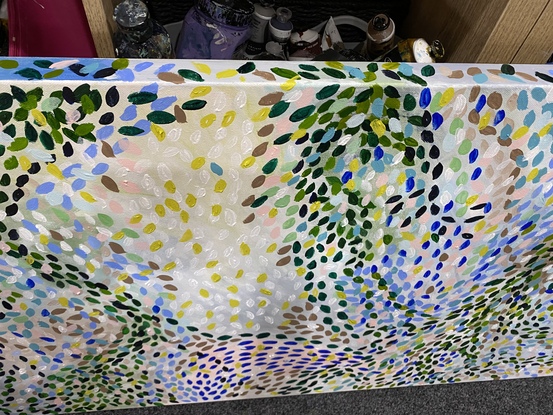 A large colourful Statement piece where the leaves and petals dance across the canvas as though caught in the breeze. There are patterns and courses of movement across the canvas that inspire happiness and smiles. if you have a love of nature and abstract this is a combination for you.