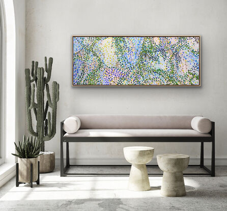 A large colourful Statement piece where the leaves and petals dance across the canvas as though caught in the breeze. There are patterns and courses of movement across the canvas that inspire happiness and smiles. if you have a love of nature and abstract this is a combination for you.