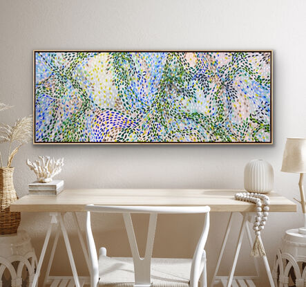 A large colourful Statement piece where the leaves and petals dance across the canvas as though caught in the breeze. There are patterns and courses of movement across the canvas that inspire happiness and smiles. if you have a love of nature and abstract this is a combination for you.