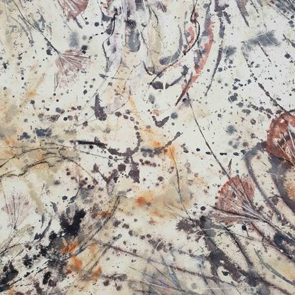 A large abstract painting of the of fossil plants and flowers in earth colours, rust, brown, beige, ochre and terracotta.