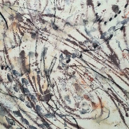 A large abstract painting of the of fossil plants and flowers in earth colours, rust, brown, beige, ochre and terracotta.