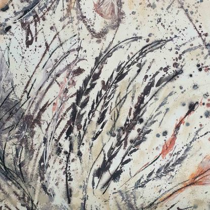 A large abstract painting of the of fossil plants and flowers in earth colours, rust, brown, beige, ochre and terracotta.