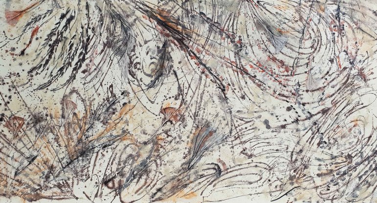 A large abstract painting of the of fossil plants and flowers in earth colours, rust, brown, beige, ochre and terracotta.