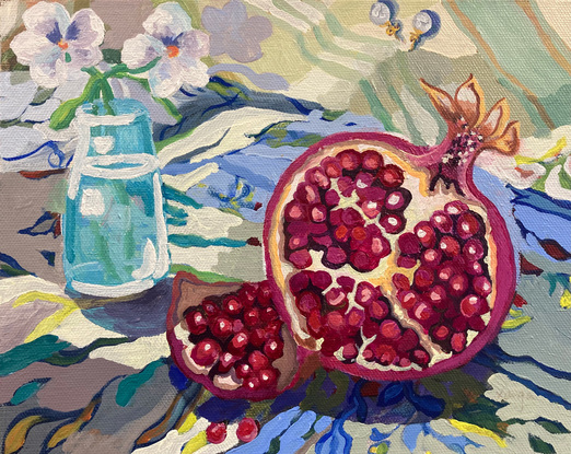 A small painting of a still life of pearl earrings and pomegranate