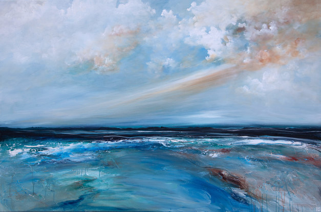 Abstract seascape in grey blue  and teal with mountain range in the horizon under a dramatic cloudy sky.