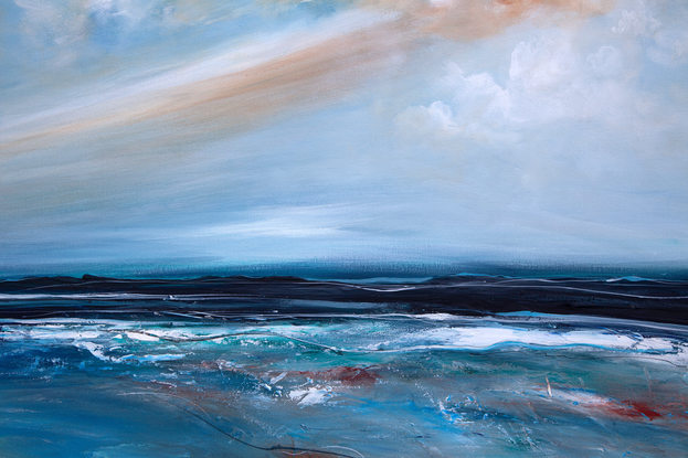 Abstract seascape in grey blue  and teal with mountain range in the horizon under a dramatic cloudy sky.