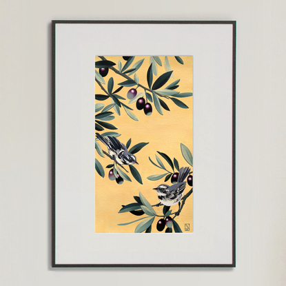 Two Grey Fantail birds resting on olive boughs against a peach/beige background