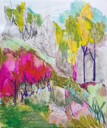 A semi-abstracted landscape of bright colours.