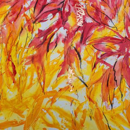 a colourful abstract of banksia tree pods in pink, yellow and orange