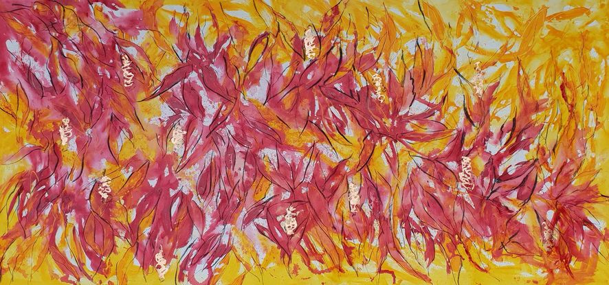 a colourful abstract of banksia tree pods in pink, yellow and orange