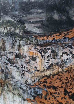 A large abstract landscape with black, white, copper and ochre