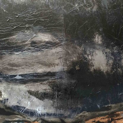 A large abstract landscape with black, white, copper and ochre