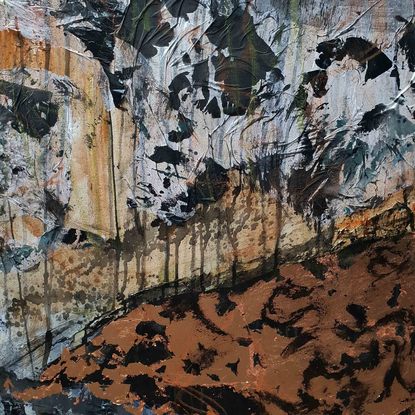 A large abstract landscape with black, white, copper and ochre