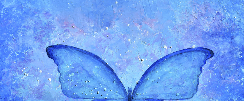 Painting of a Blue Morpho Butterfly on a blue abstract background.