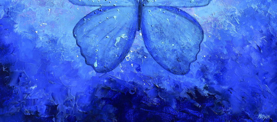 Painting of a Blue Morpho Butterfly on a blue abstract background.