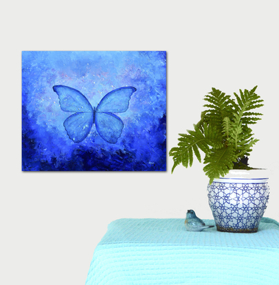 Painting of a Blue Morpho Butterfly on a blue abstract background.