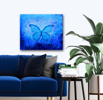 Painting of a Blue Morpho Butterfly on a blue abstract background.