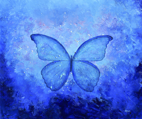 Painting of a Blue Morpho Butterfly on a blue abstract background.