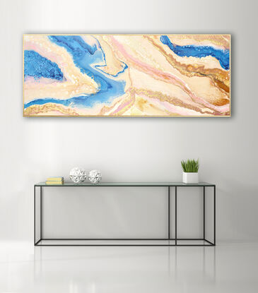 ABSTRACT painting that gives the impression of a pastel coastline viewed from above with ocean passages cutting through the sandy shores  The intricate mosaic pattern within the tonal blue hues and the glimmering metallics adds added interest and intrigue..
The closer you get to the painting the more of the interesting details and patterns you can see. Metallics add an extra depth because the painting changes personality when one views from different angles.