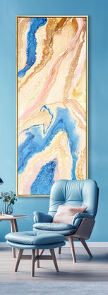 ABSTRACT painting that gives the impression of a pastel coastline viewed from above with ocean passages cutting through the sandy shores  The intricate mosaic pattern within the tonal blue hues and the glimmering metallics adds added interest and intrigue..
The closer you get to the painting the more of the interesting details and patterns you can see. Metallics add an extra depth because the painting changes personality when one views from different angles.