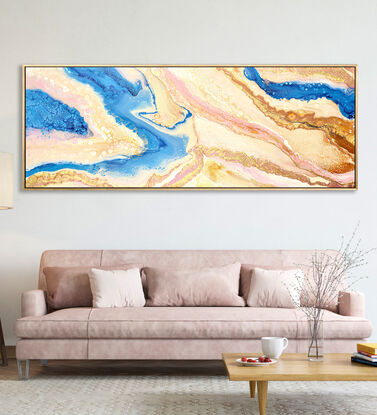 ABSTRACT painting that gives the impression of a pastel coastline viewed from above with ocean passages cutting through the sandy shores  The intricate mosaic pattern within the tonal blue hues and the glimmering metallics adds added interest and intrigue..
The closer you get to the painting the more of the interesting details and patterns you can see. Metallics add an extra depth because the painting changes personality when one views from different angles.