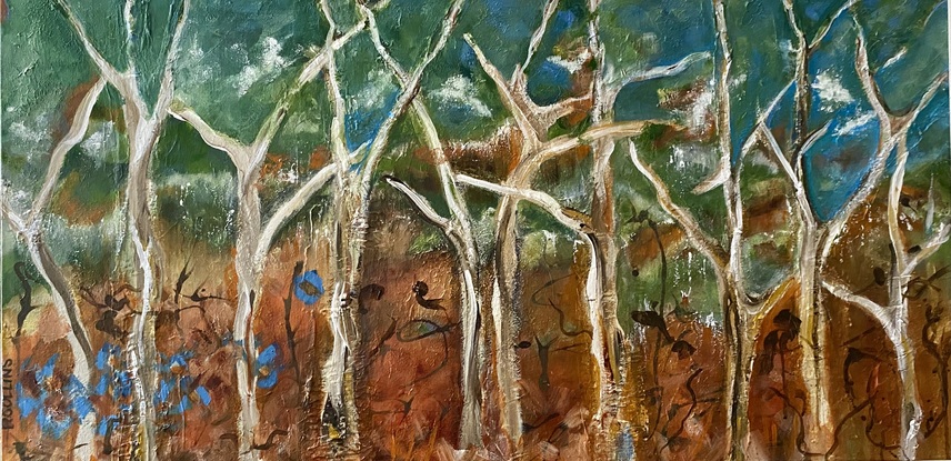 This painting reveals a row of Birch Trees side by side white and ghostly with tinges of brown, the reflection of the Australian bushland. The bottom half of the canvas is a flood of Ochres and browns and the top half of the canvas, above the trees, is a mélange of greens and blues that represent the green leaves and blue sky of the backdrop.