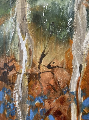 This painting reveals a row of Birch Trees side by side white and ghostly with tinges of brown, the reflection of the Australian bushland. The bottom half of the canvas is a flood of Ochres and browns and the top half of the canvas, above the trees, is a mélange of greens and blues that represent the green leaves and blue sky of the backdrop.