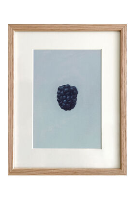 A detailed painting of a blackberry against a light blue background