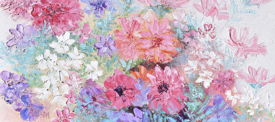 A painting of thickly textured spring flowers in shades of pink, violet and white.