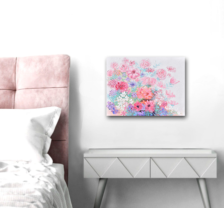 A painting of thickly textured spring flowers in shades of pink, violet and white.