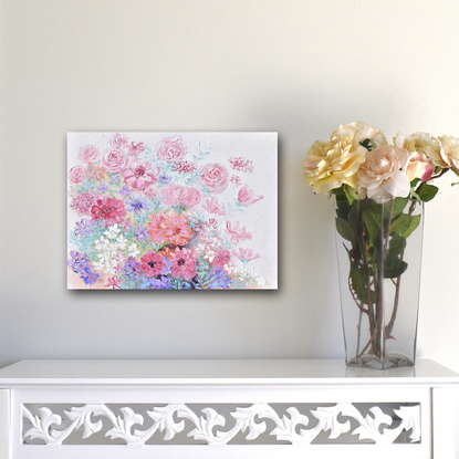 A painting of thickly textured spring flowers in shades of pink, violet and white.