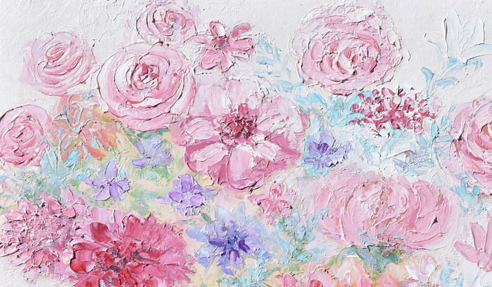 A painting of thickly textured spring flowers in shades of pink, violet and white.