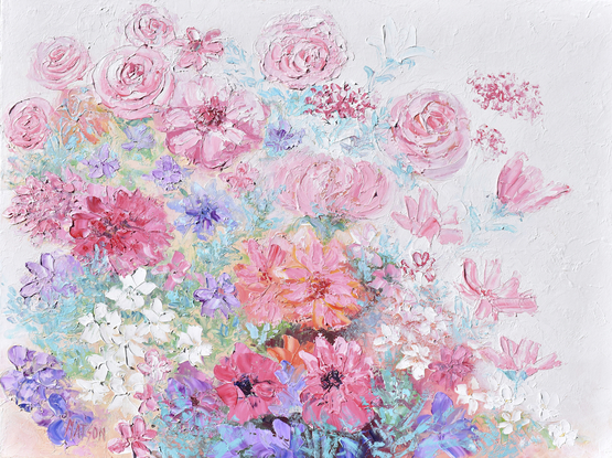 A painting of thickly textured spring flowers in shades of pink, violet and white.