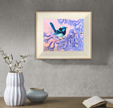 Superb Fairy-wren on a blooming jacaranda tree branch original painting by Irina Redine, framed and ready to hang