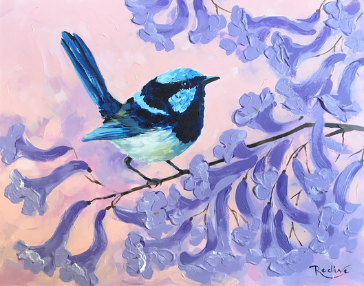 Superb Fairy-wren on a blooming jacaranda tree branch original painting by Irina Redine, framed and ready to hang