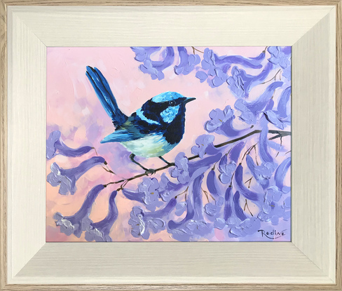 Superb Fairy-wren on a blooming jacaranda tree branch original painting by Irina Redine, framed and ready to hang