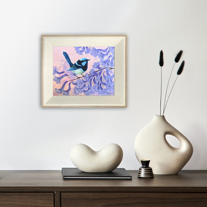 Superb Fairy-wren on a blooming jacaranda tree branch original painting by Irina Redine, framed and ready to hang