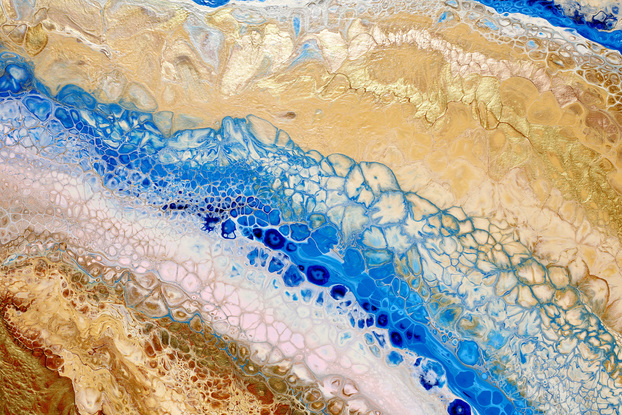 ABSTRACT painting that gives the impression of a pasel coastline viewed from above with ocean passages cutting through the sandy shores  The intricate mosaic pattern within the tonal blue hues and the glimmering metallics adds added interest and intrigue.
The closer you get to the painting the more of the interesting details and patterns you can see. Metallics add an extra depth because the painting changes personality when one views from different angles. Ciients have described the work as magical