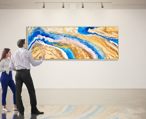 ABSTRACT painting that gives the impression of a pasel coastline viewed from above with ocean passages cutting through the sandy shores  The intricate mosaic pattern within the tonal blue hues and the glimmering metallics adds added interest and intrigue.
The closer you get to the painting the more of the interesting details and patterns you can see. Metallics add an extra depth because the painting changes personality when one views from different angles. Ciients have described the work as magical