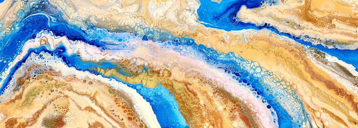 ABSTRACT painting that gives the impression of a pasel coastline viewed from above with ocean passages cutting through the sandy shores  The intricate mosaic pattern within the tonal blue hues and the glimmering metallics adds added interest and intrigue.
The closer you get to the painting the more of the interesting details and patterns you can see. Metallics add an extra depth because the painting changes personality when one views from different angles. Ciients have described the work as magical