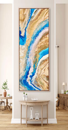 ABSTRACT painting that gives the impression of a pasel coastline viewed from above with ocean passages cutting through the sandy shores  The intricate mosaic pattern within the tonal blue hues and the glimmering metallics adds added interest and intrigue.
The closer you get to the painting the more of the interesting details and patterns you can see. Metallics add an extra depth because the painting changes personality when one views from different angles. Ciients have described the work as magical