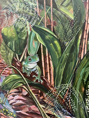 Two green tree frogs perched on wood and rocks at the foot of a fig tree.