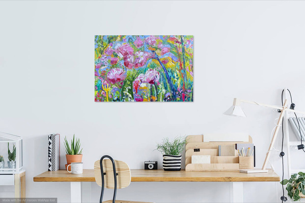 Fantasy landscape in expressionist style.  Featuring large pin and white flowers, with foliage of green, yellow, turquoise, orange and purple.