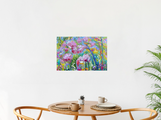 Fantasy landscape in expressionist style.  Featuring large pin and white flowers, with foliage of green, yellow, turquoise, orange and purple.