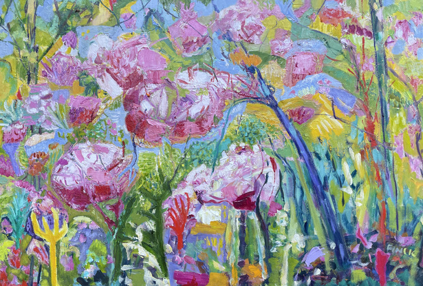 Fantasy landscape in expressionist style.  Featuring large pin and white flowers, with foliage of green, yellow, turquoise, orange and purple.