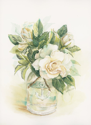 Gardenias in glass jar