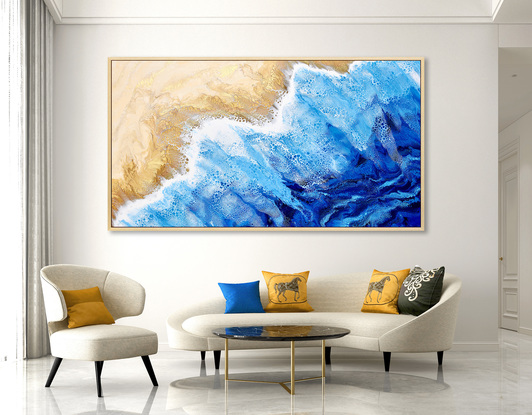 ABSTRACT painting that gives the impression of soothing ocean waves lapping in to soft sandy shore.  The intricate mosaic pattern within the tonal blue hues and the glimmering metallics adds added interest and intrigue. The golds bring the sand to life!
The closer you get to the painting the more of the interesting details and patterns you can see. Metallics add an extra depth because the painting changes personality when one views from different angles.